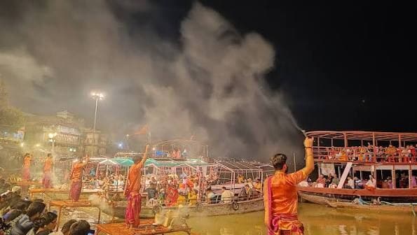 View of the ghats of Varanasi along the Ganga